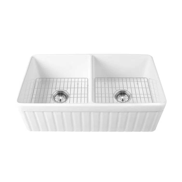 DeerValley Nova 33" Double Bowl Rectangular White Fireclay Large Capacity Farmhouse Kitchen Sink