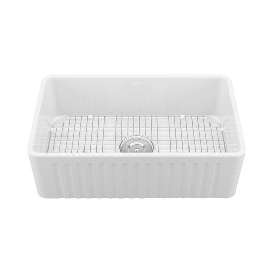 DeerValley Perch 24" L x 17" W DV-1K022 Rectangular White Reversible Apron Front Farmhouse Kitchen Sink With Basket Strainer Drain and Grid