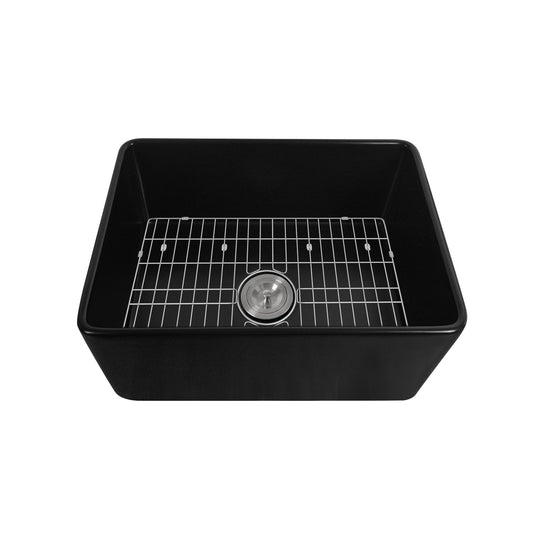 DeerValley Perch 24" L x 18" W DV-1K0012 Rectangular Black Fireclay Large Capacity Farmhouse Kitchen Sink With Basket Strainer Drain and Grid
