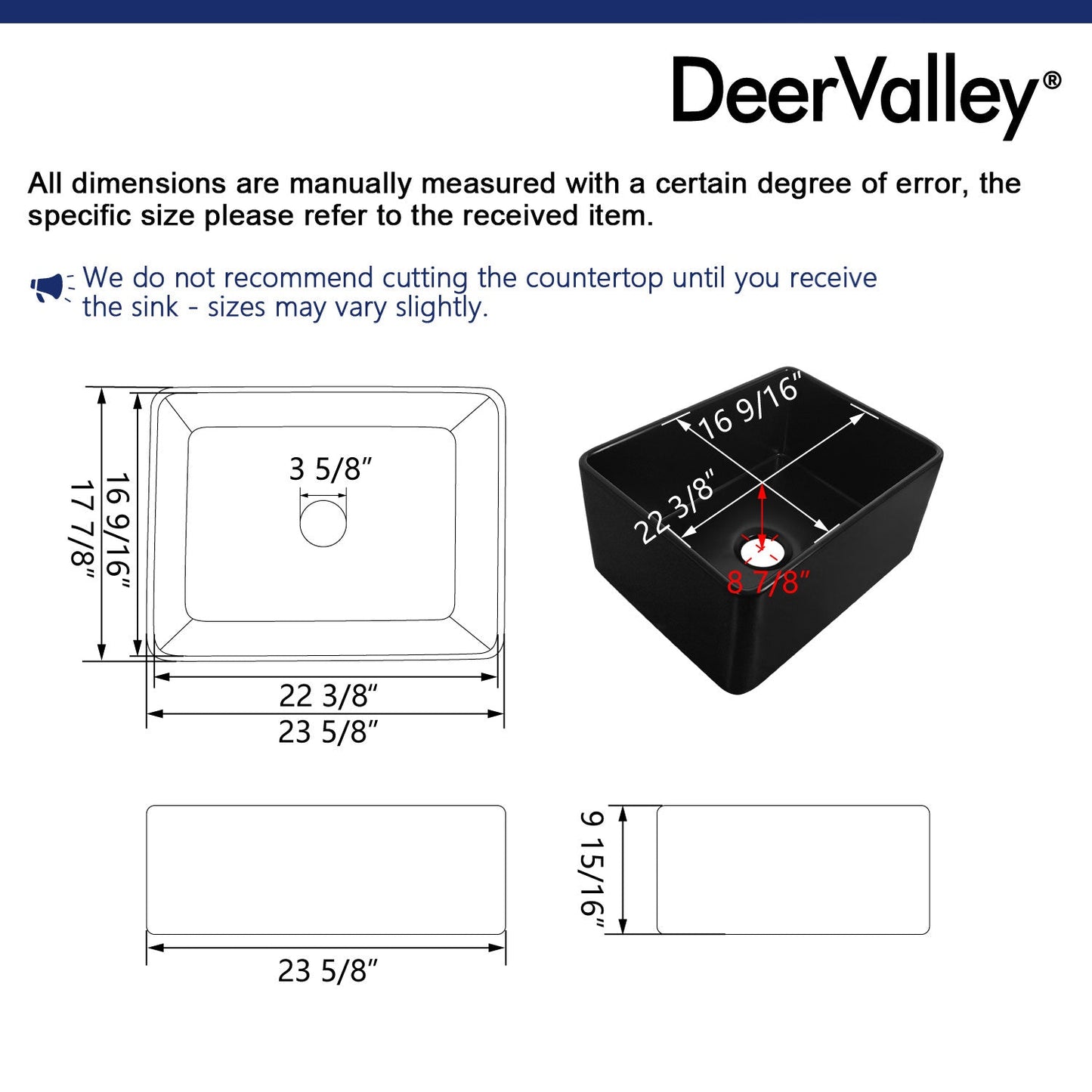 DeerValley Perch 24" Single Bowl Rectangular Black Fireclay Large Capacity Farmhouse Kitchen Sink With Basket Strainer Drain and Grid