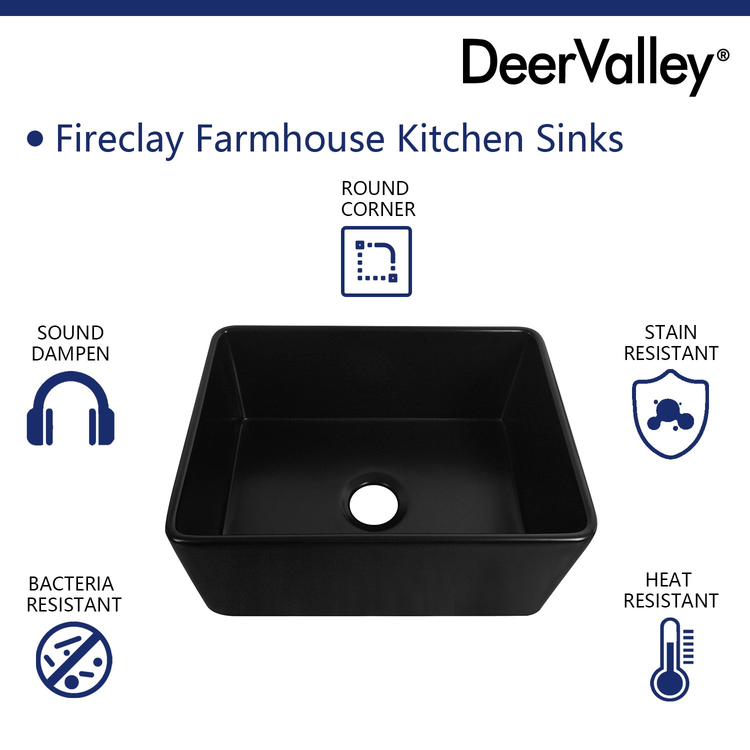 DeerValley Perch 24" Single Bowl Rectangular Black Fireclay Large Capacity Farmhouse Kitchen Sink With Basket Strainer Drain and Grid