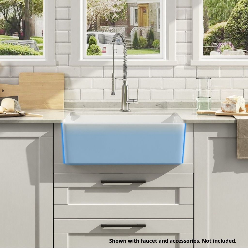 DeerValley Perch 24" Single Bowl Rectangular White Ceramic Farmhouse Kitchen Sink With Basket Strainer Drain and Grid