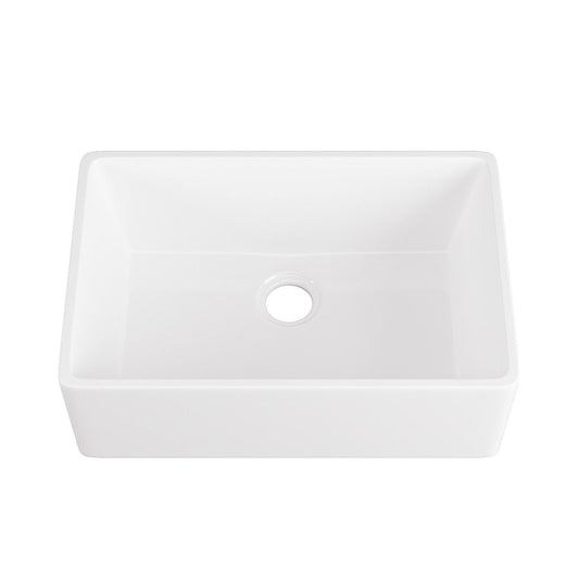 DeerValley Perch 24" Single Bowl Rectangular White Ceramic Farmhouse Kitchen Sink With Basket Strainer Drain and Grid