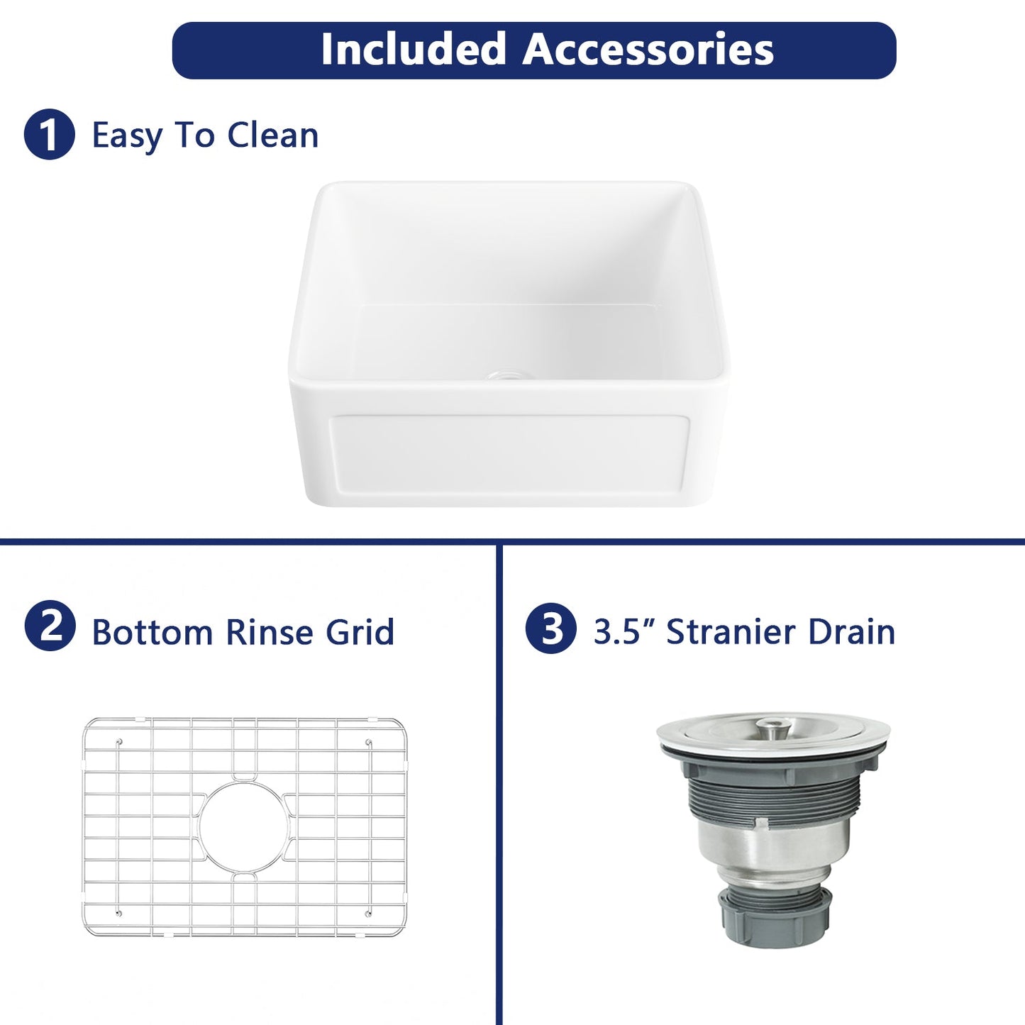 DeerValley Perch 24" Single Bowl Rectangular White Reversible Apron Front Farmhouse Kitchen Sink With Basket Strainer Drain and Grid