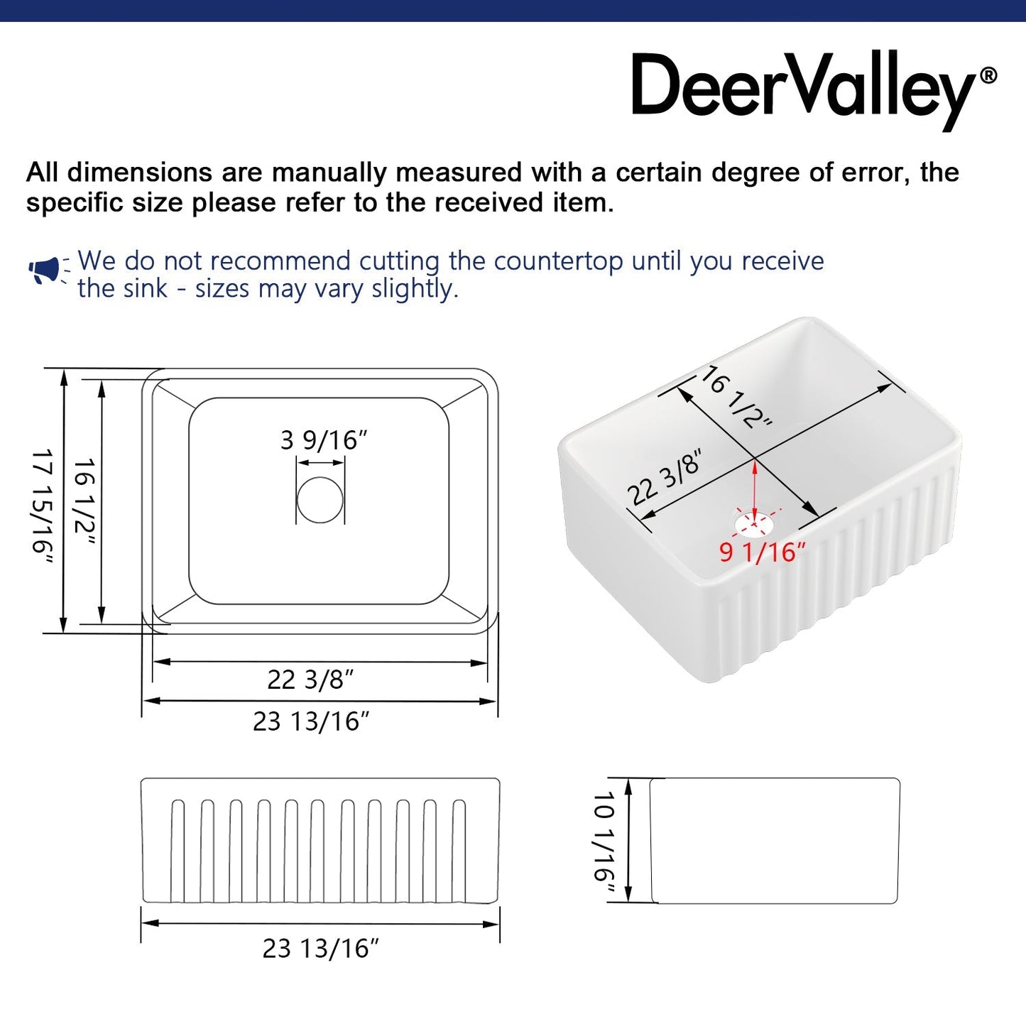 DeerValley Perch 24" Single Bowl Rectangular White Reversible Apron Front Farmhouse Kitchen Sink With Basket Strainer Drain and Grid