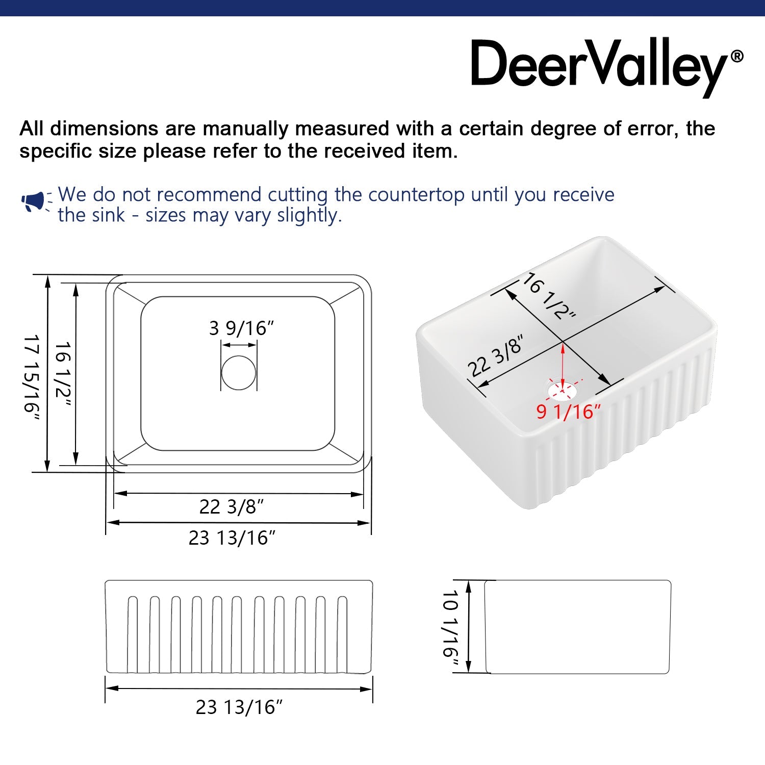 DeerValley Perch 24" Single Bowl Rectangular White Reversible Apron Front Farmhouse Kitchen Sink With Basket Strainer Drain and Grid