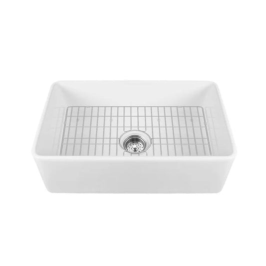 DeerValley Perch 24" Single Bowl Rectangular White Seamless Farmhouse Kitchen Sink With Basket Strainer Drain and Grid