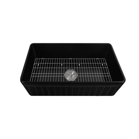 DeerValley Solstice 33" L x 18" DV-1K0017 Rectangular Black Fireclay Seamless Farmhouse Kitchen Sink With Basket Strainer Drain and Grid