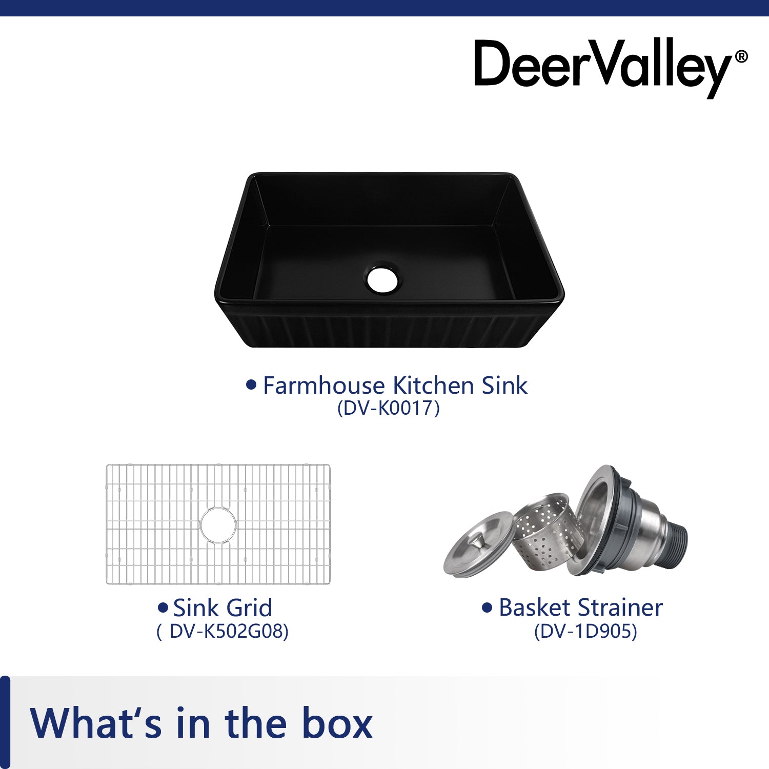 DeerValley Solstice 33" Single Bowl Rectangular Black Fireclay Seamless Farmhouse Kitchen Sink With Basket Strainer Drain and Grid