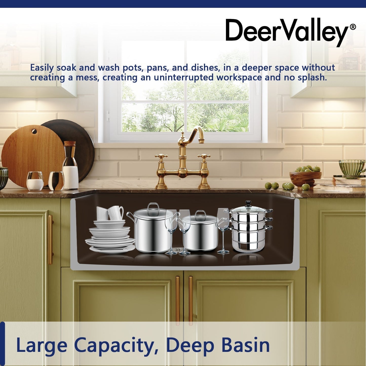 DeerValley Solstice 33" Single Bowl Rectangular Black Fireclay Seamless Farmhouse Kitchen Sink With Basket Strainer Drain and Grid