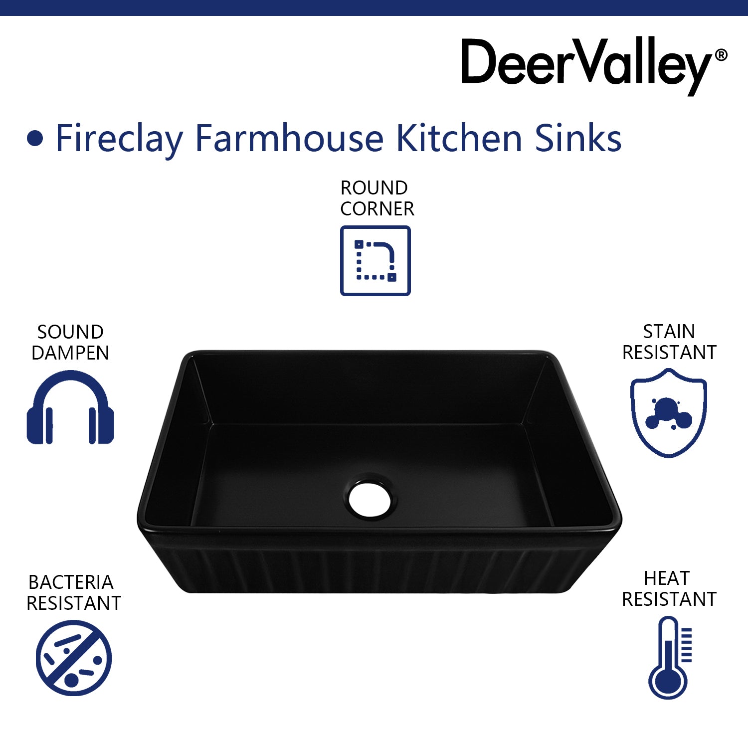 DeerValley Solstice 33" Single Bowl Rectangular Black Fireclay Seamless Farmhouse Kitchen Sink With Basket Strainer Drain and Grid