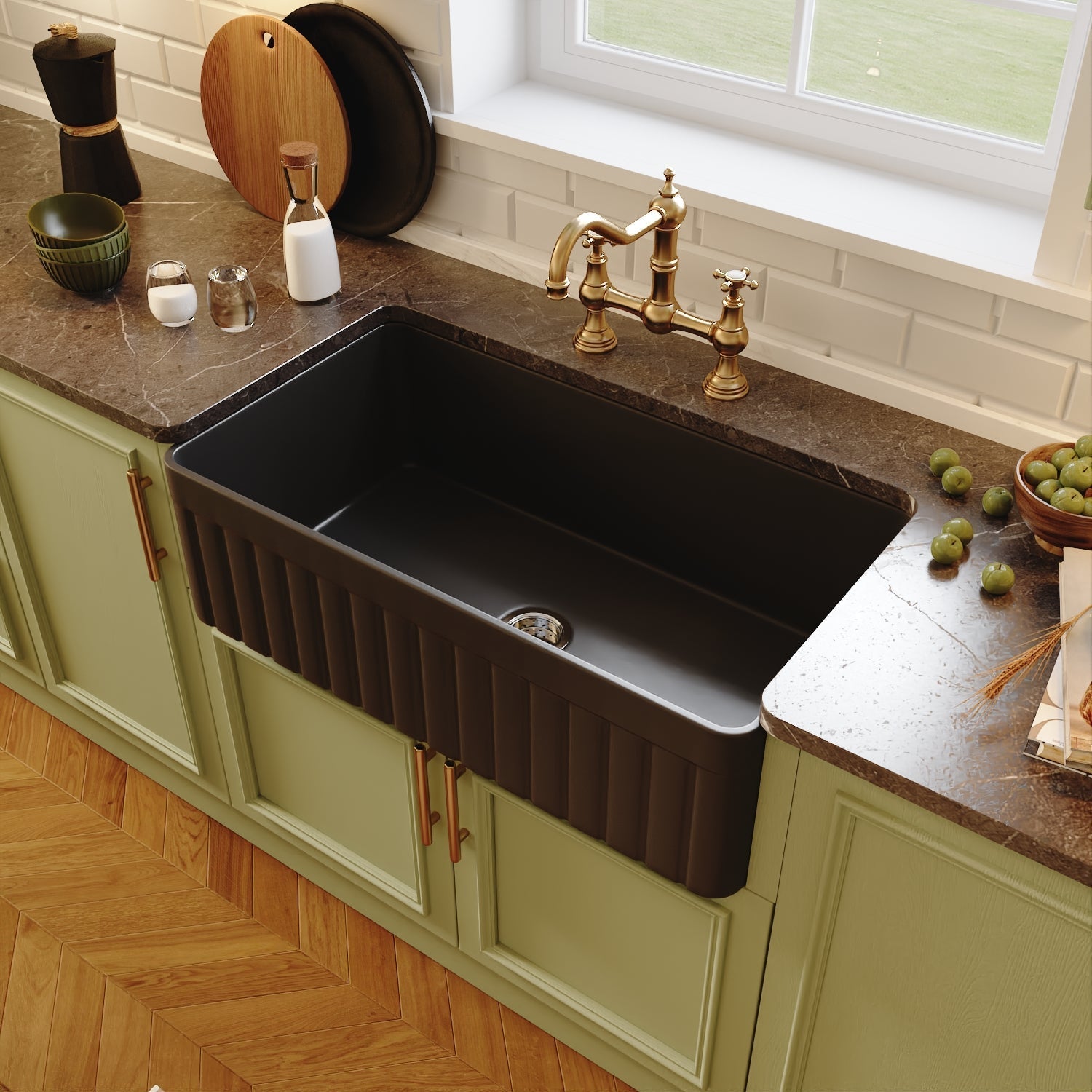 DeerValley Solstice 33" Single Bowl Rectangular Black Fireclay Seamless Farmhouse Kitchen Sink With Basket Strainer Drain and Grid