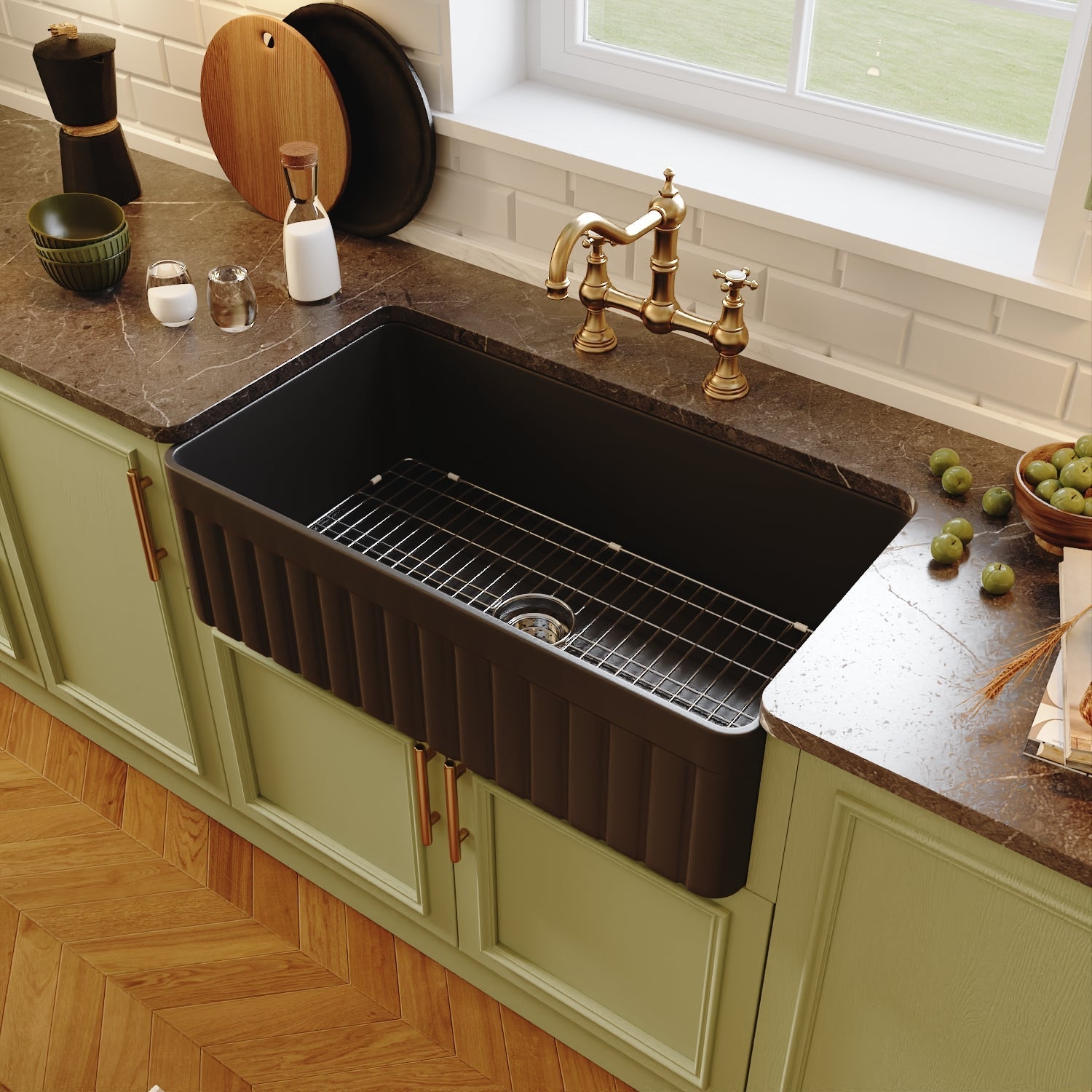 DeerValley Solstice 33" Single Bowl Rectangular Black Fireclay Seamless Farmhouse Kitchen Sink With Basket Strainer Drain and Grid