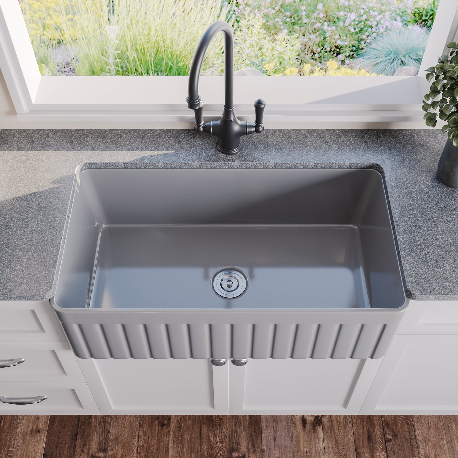 DeerValley Solstice 33" Single Bowl Rectangular Gray Fireclay Easy-Cleaning Farmhouse Kitchen Sink With Basket Strainer Drain and Grid