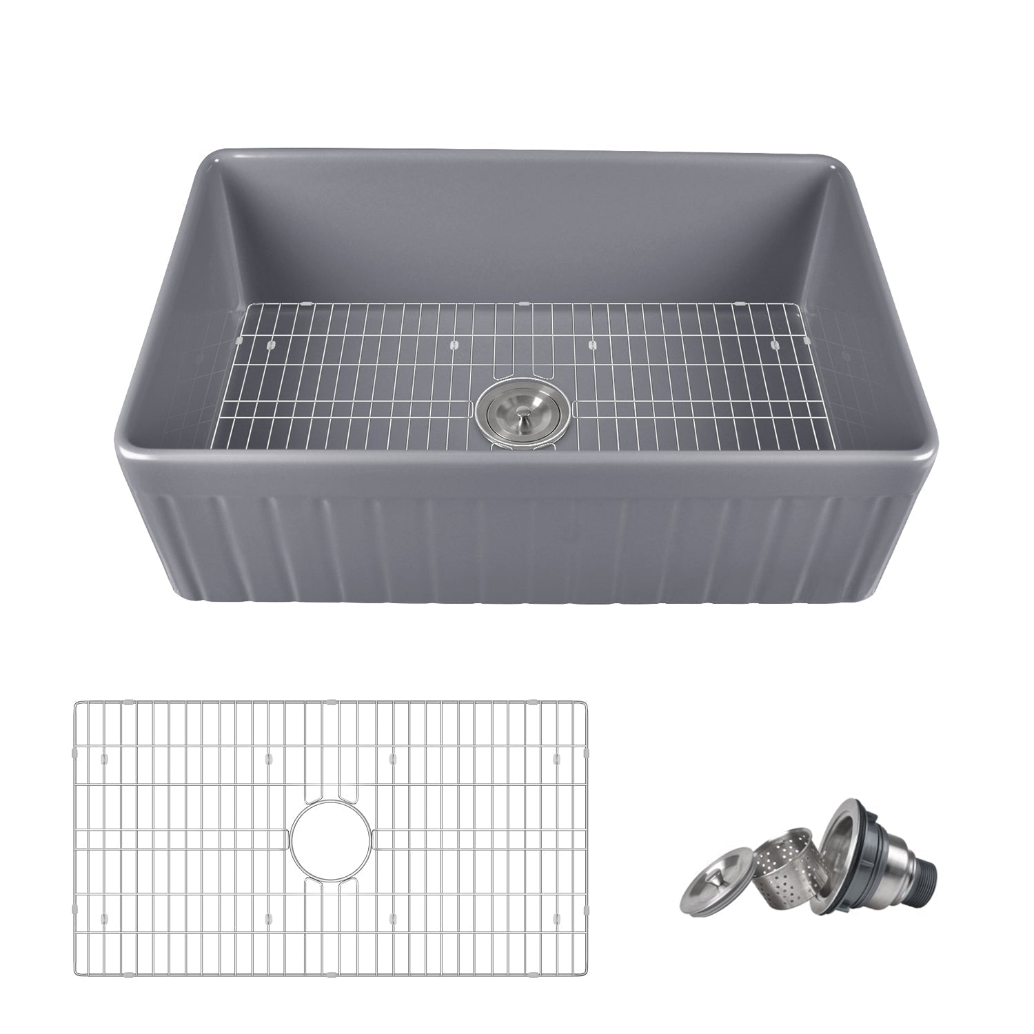 DeerValley Solstice 33" Single Bowl Rectangular Gray Fireclay Easy-Cleaning Farmhouse Kitchen Sink With Basket Strainer Drain and Grid