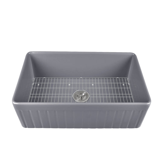 DeerValley Solstice 33" Single Bowl Rectangular Gray Fireclay Easy-Cleaning Farmhouse Kitchen Sink With Basket Strainer Drain and Grid