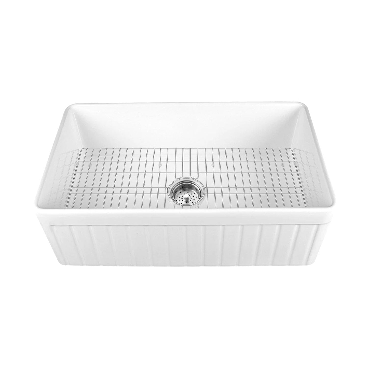 DeerValley Solstice 33" Single Bowl Rectangular White Fireclay Easy-Cleaning Farmhouse Kitchen Sink With Basket Strainer Drain and Grid