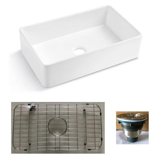 Duko Crestone 30" x 20" Single Bowl Porcelain Kitchen Farmhouse Sink With Stainless Steel Grids and Basket Strainer