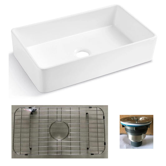 Duko Crestone 33" x 19" Single Bowl Porcelain Kitchen Farmhouse Sink With Stainless Steel Grids and Basket Strainer