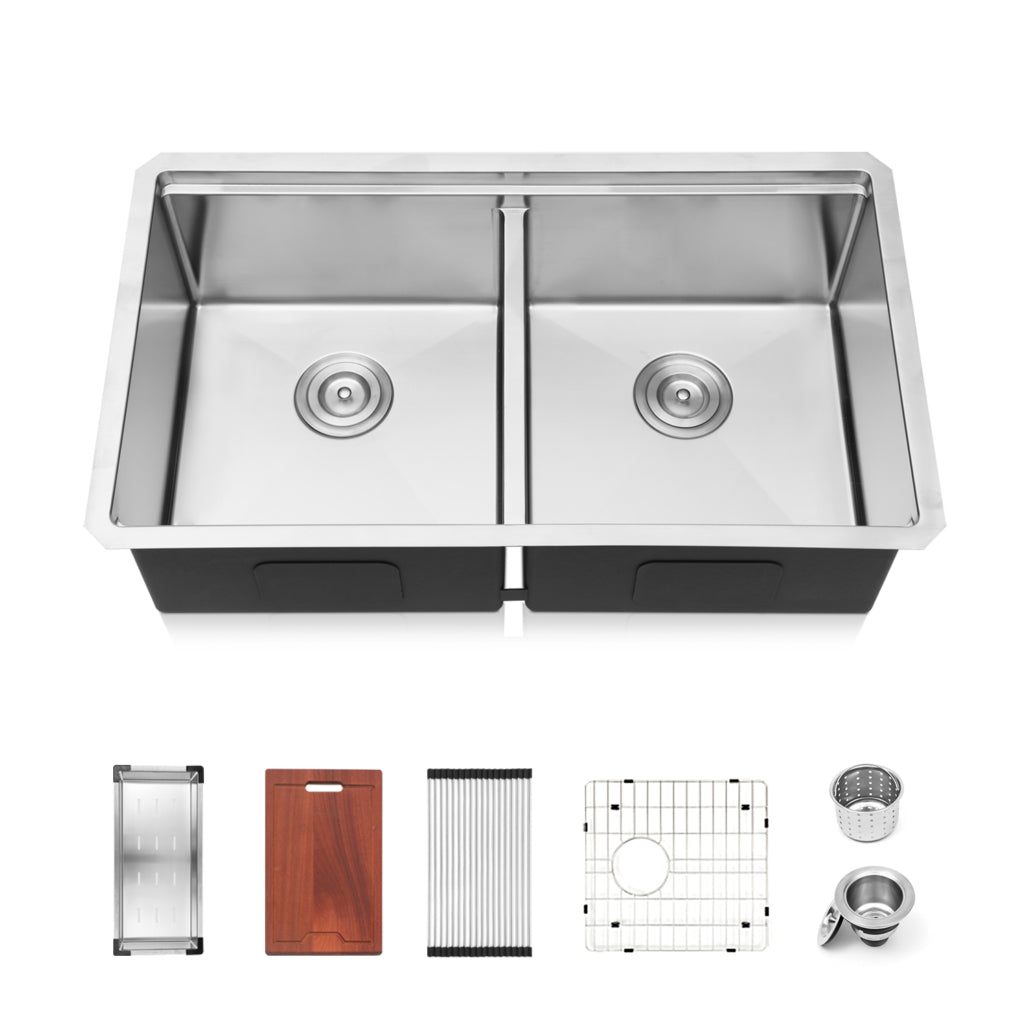 Duko Kingston 32" x 19" Stainless Steel Double Bowl Kitchen Sink Workstation