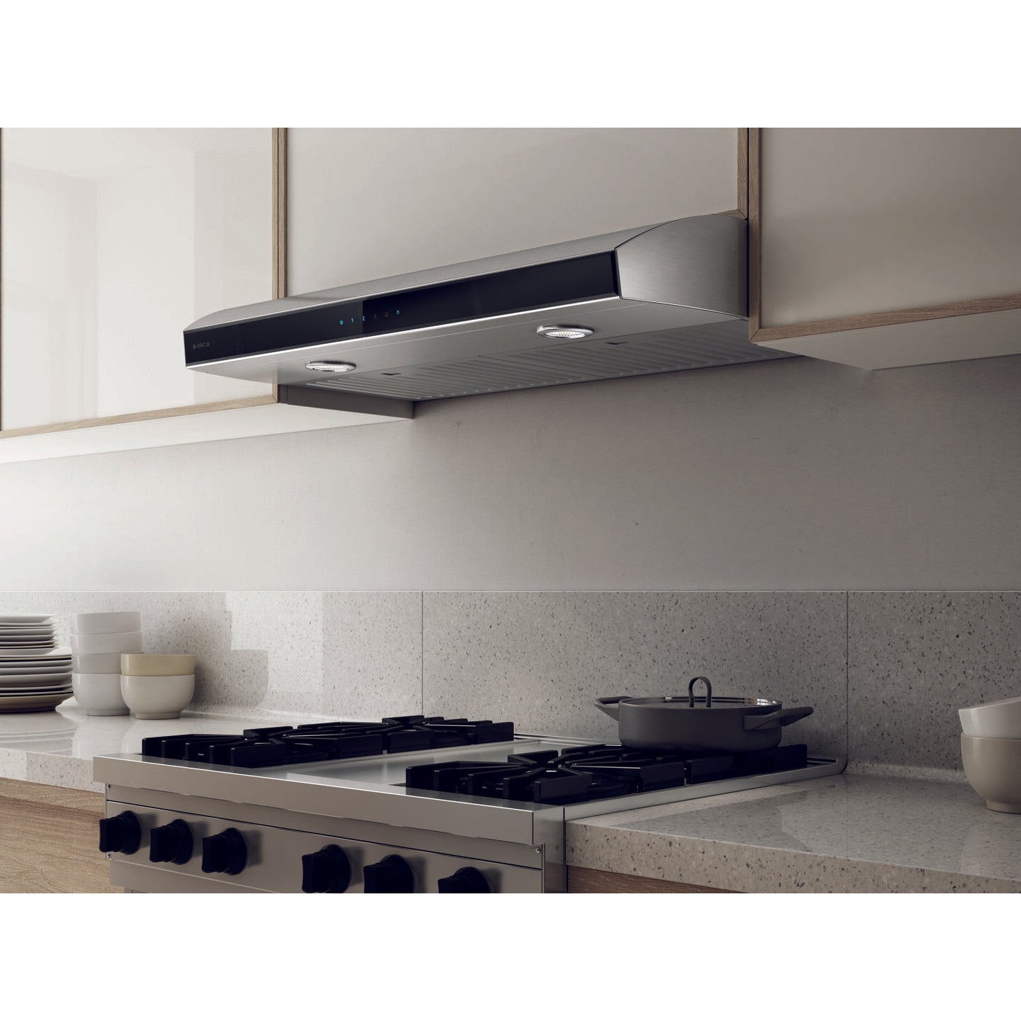 Elica Aria 36" Stainless Steel 4-Speed Capacitive Touch Control Ducted Undercabinet Range Hood With Black Tempered Glass & Premium Dimmable LED Lights