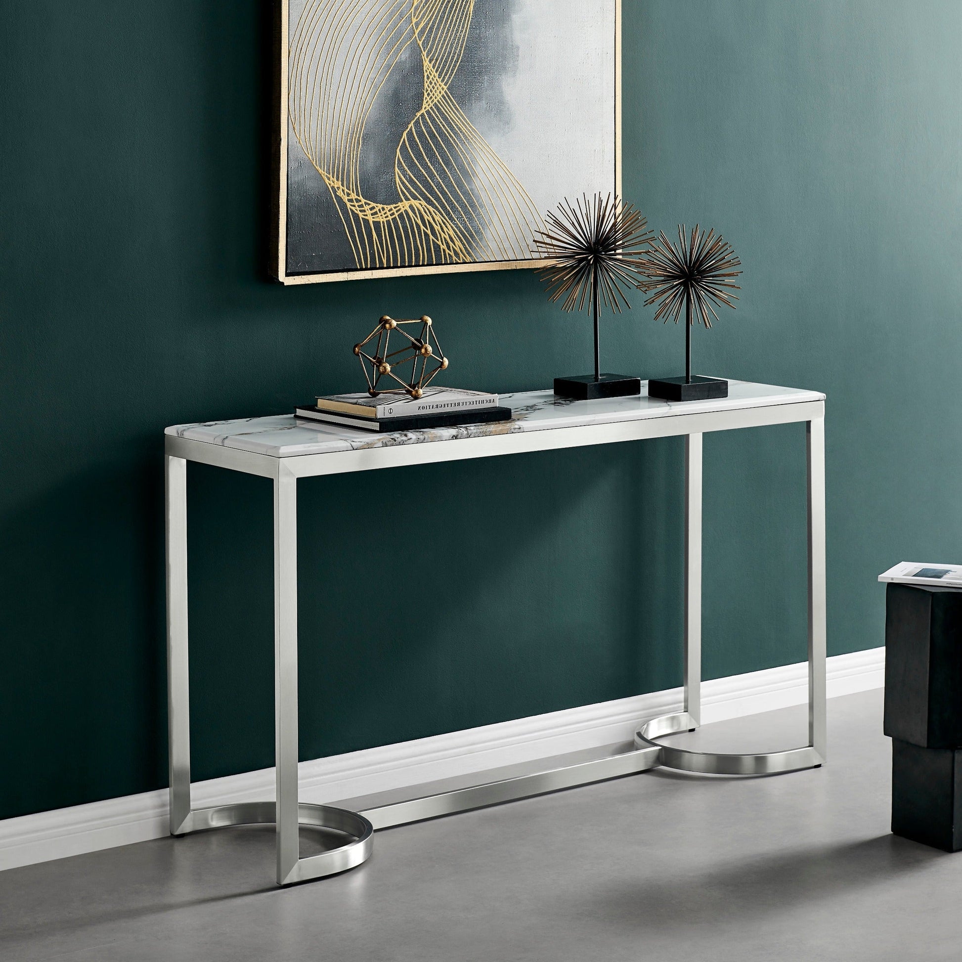 Finesse Decor Aristo Luxe Chrome Iron Metal Frame Faux Marble Top Console Table