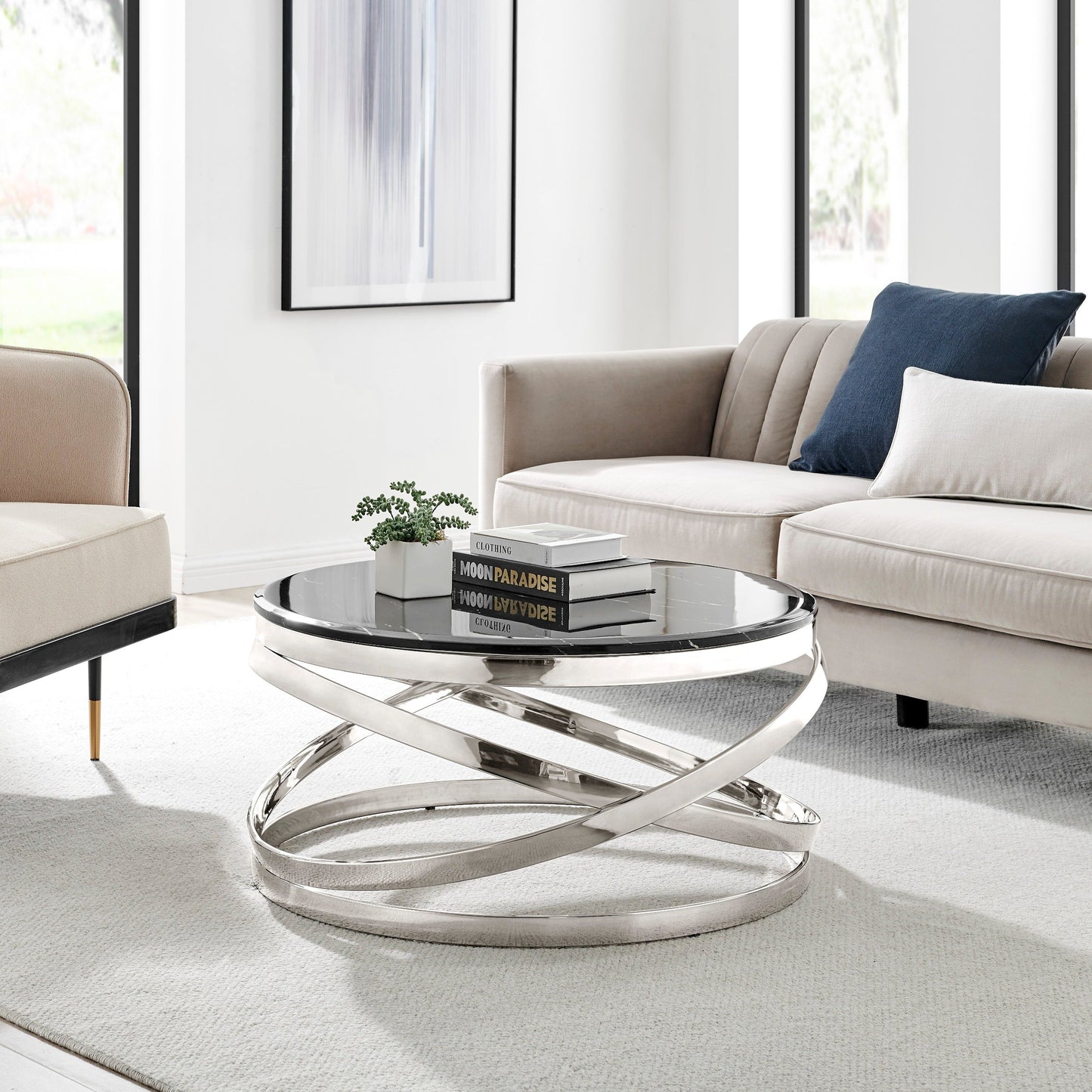 Finesse Decor Aurora Chic Chrome and Marble Finish Coffee Table