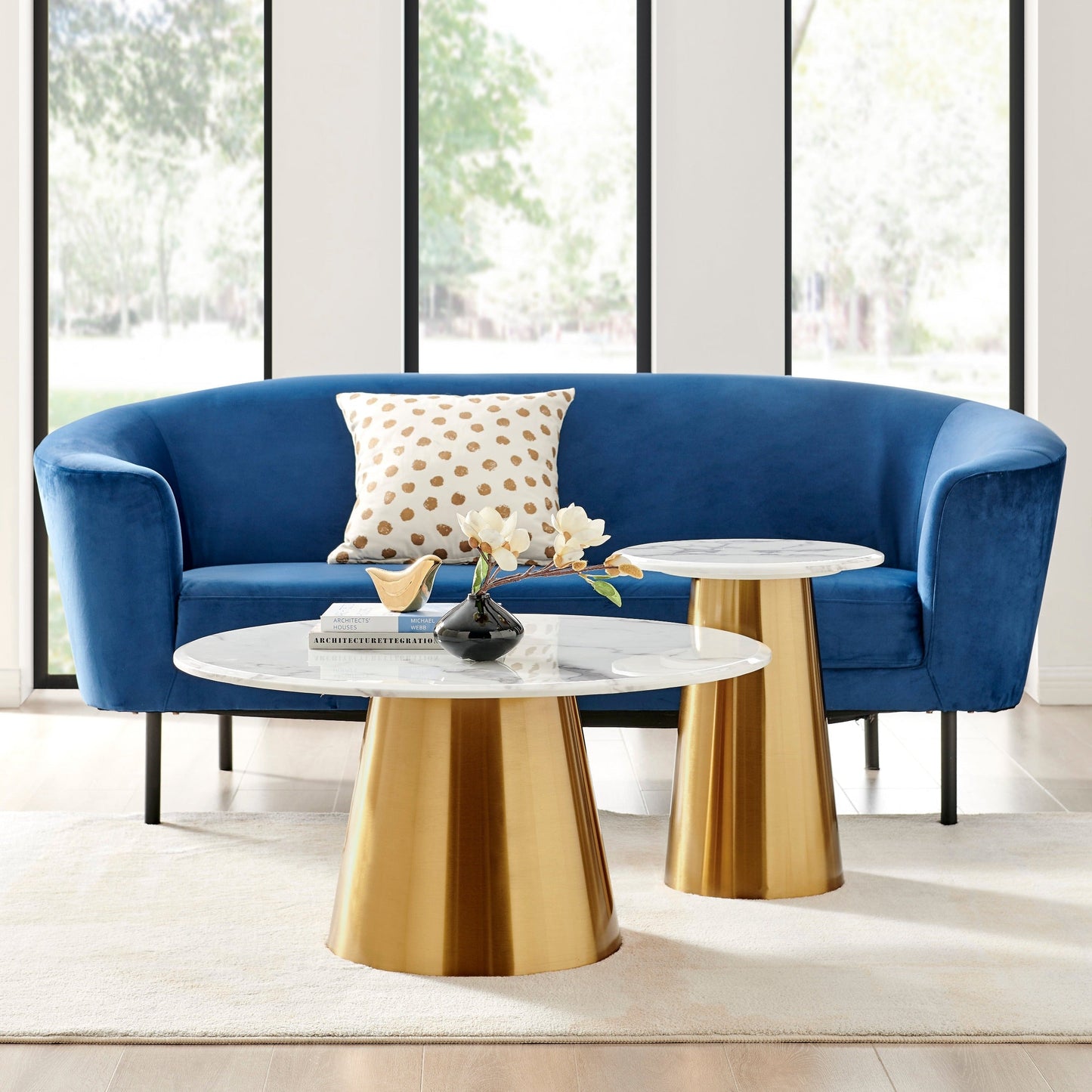 Finesse Decor Gilded Opulence Faux White Marble Top and Brushed Gold Base Duo Coffee Table