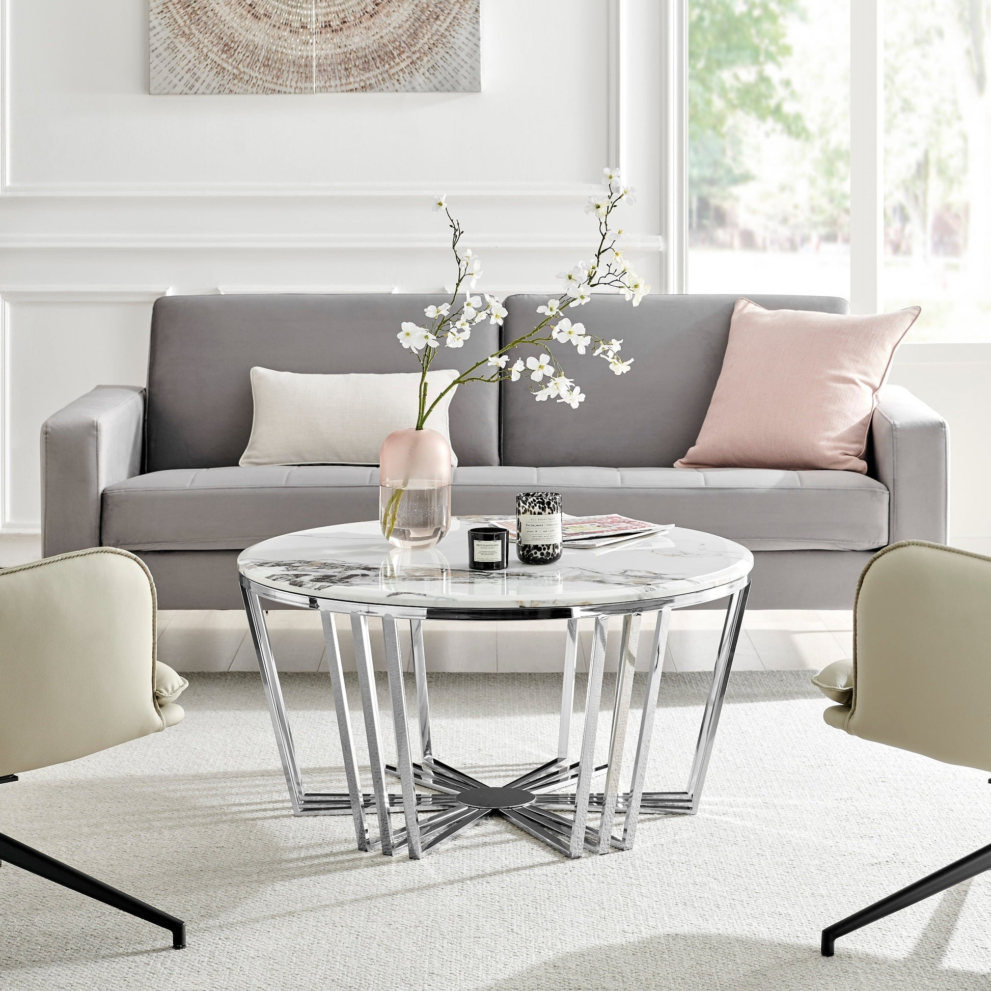 Finesse Decor Lunar Gleam Chrome and Marble Finish Coffee Table