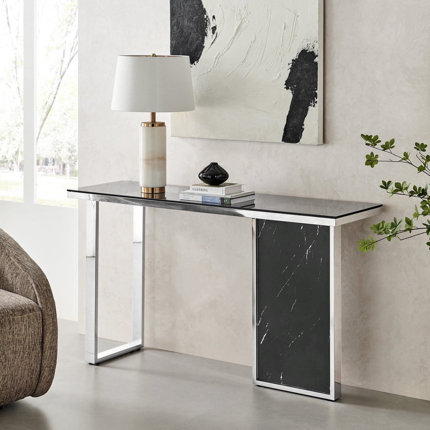 Finesse Decor Monolith Chic Black Marble Console Table