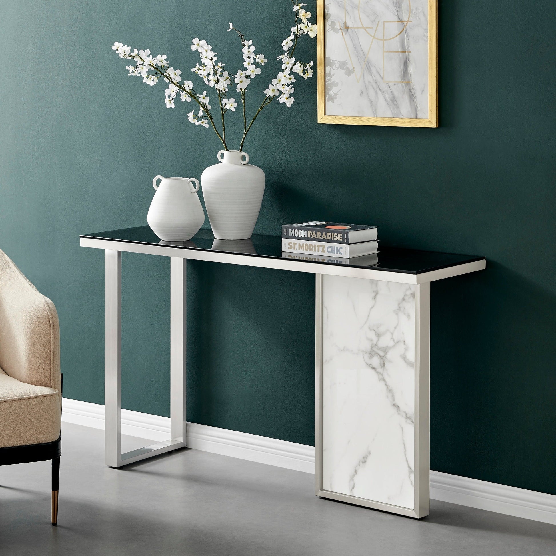 Finesse Decor Monolith Chic White and Black Marble Console Table