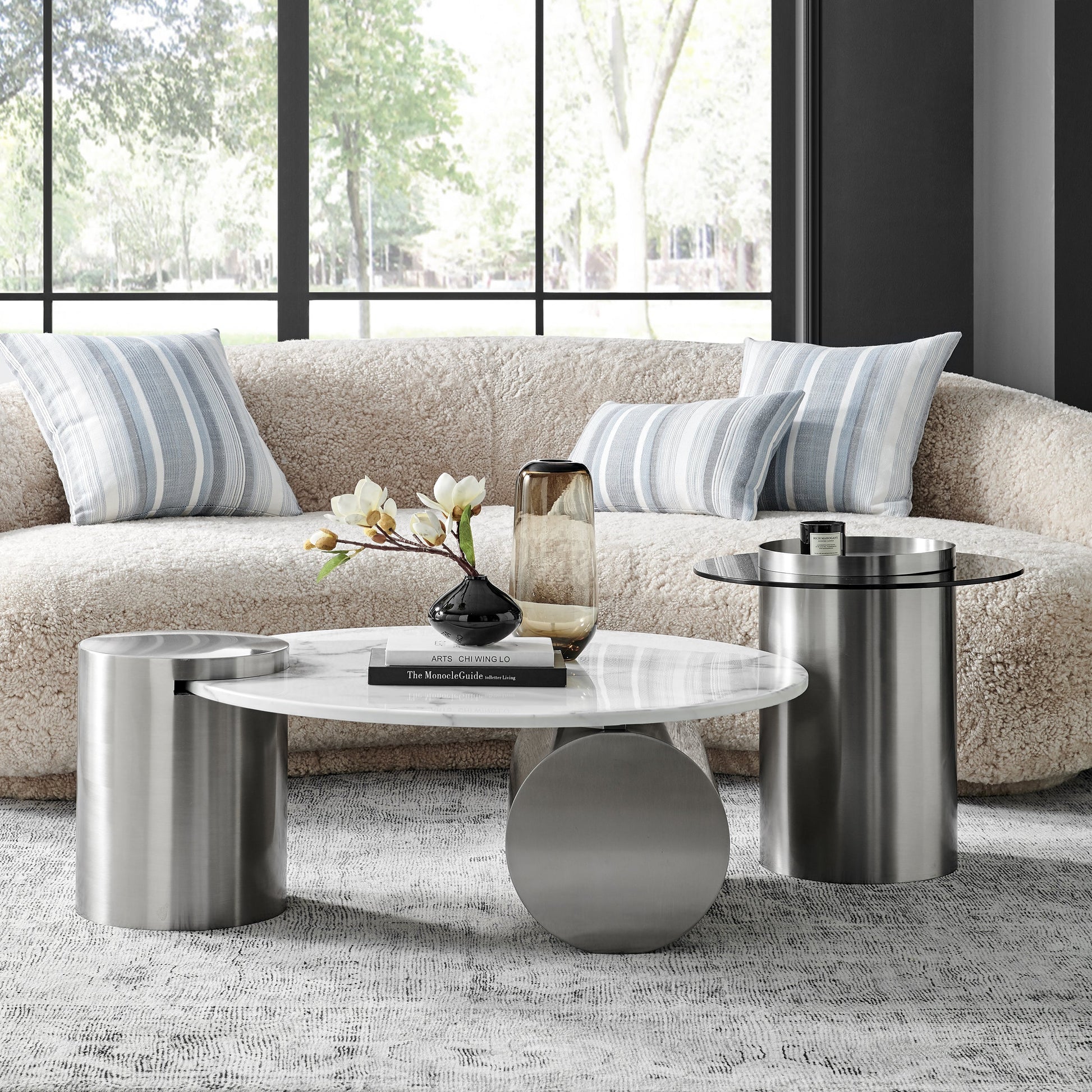 Finesse Decor Silver Twin Halo Marble Top Coffee Table Set