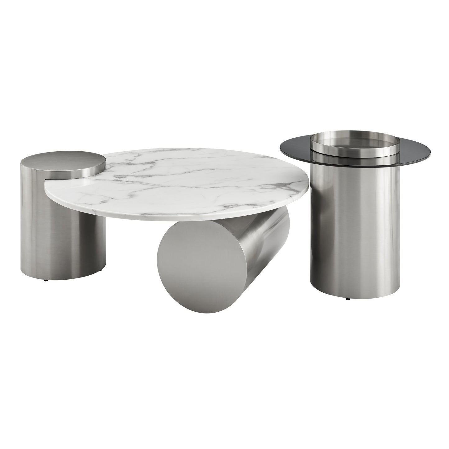 Finesse Decor Silver Twin Halo Marble Top Coffee Table Set