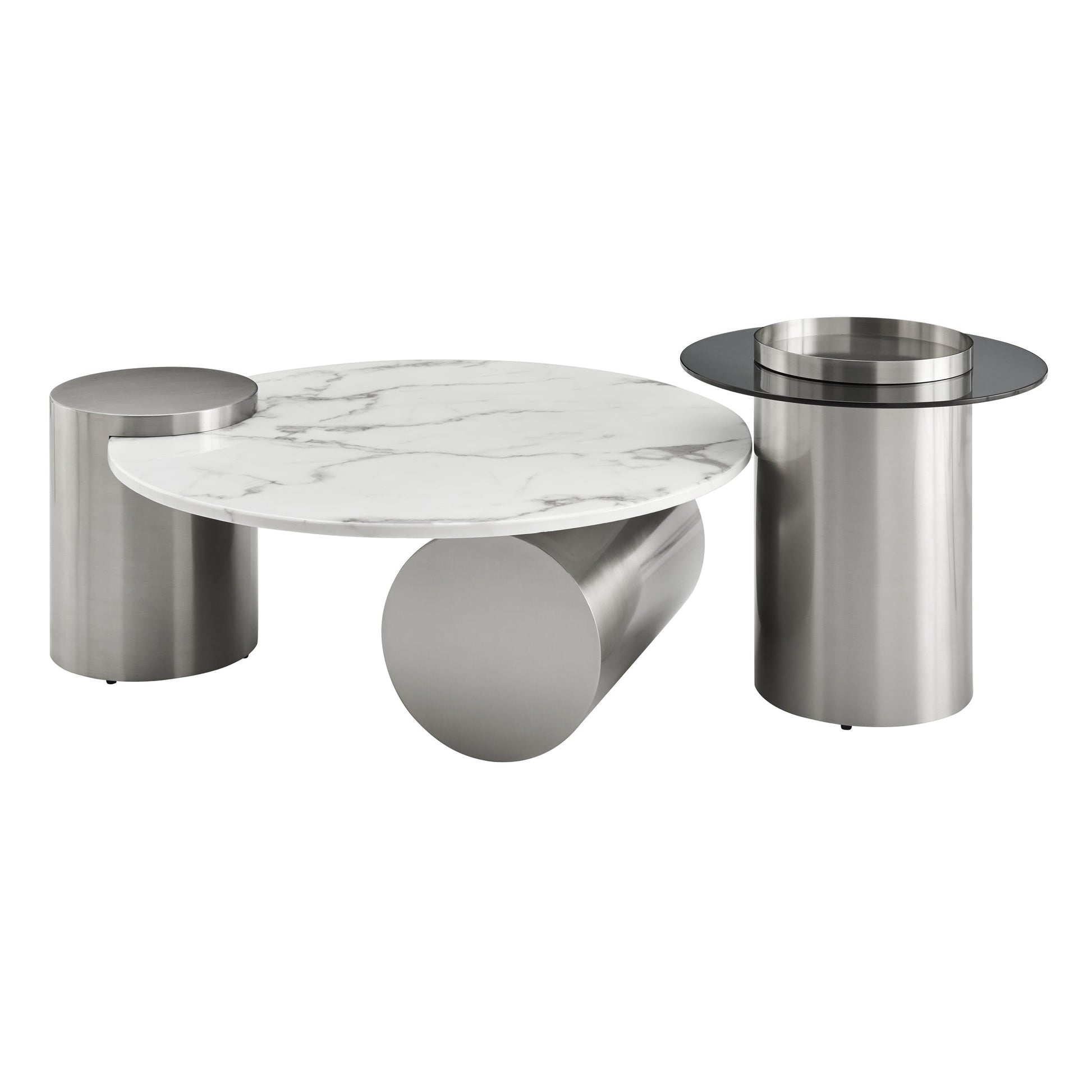 Finesse Decor Silver Twin Halo Marble Top Coffee Table Set