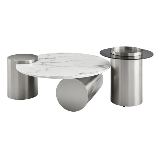 Finesse Decor Silver Twin Halo Marble Top Coffee Table Set