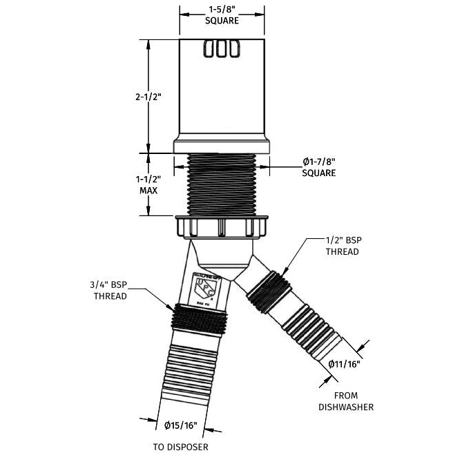 Flusso Faucets Klassiker 2" Square Polished Steel Stainless Steel Dishwasher Air Gap