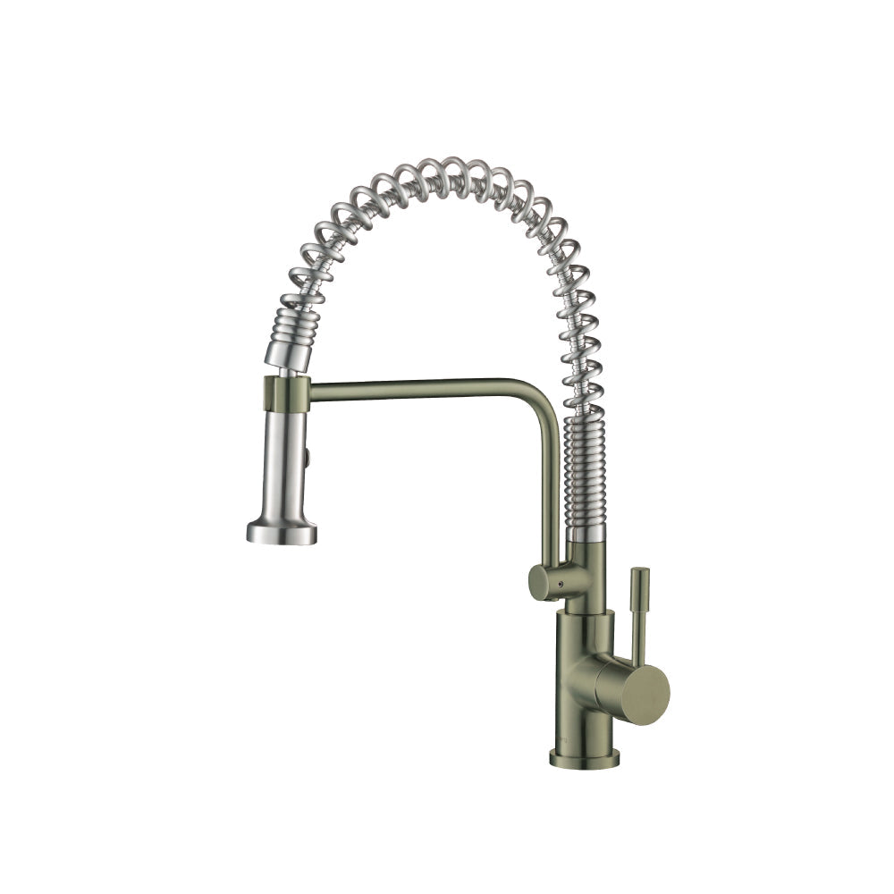 Flusso Faucets Klassiker Caso 19" Single Hole Army Green Semi-Professional Stainless Steel Pull-Down Kitchen Faucet With Dual Function Sprayer