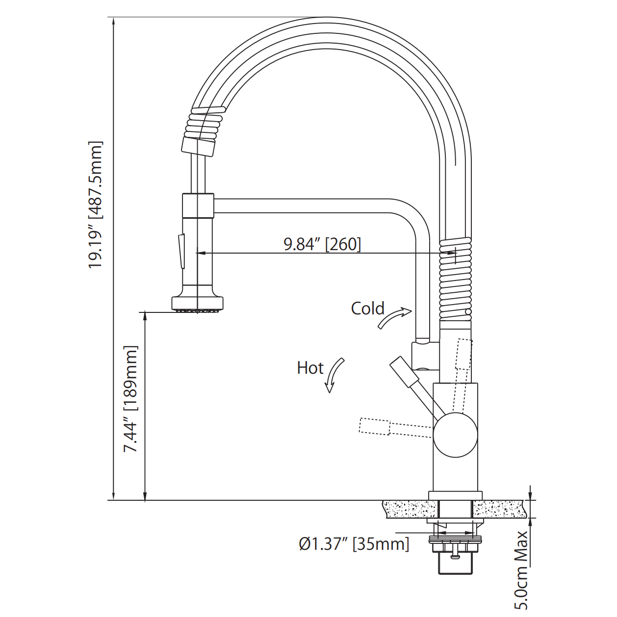 Flusso Faucets Klassiker Caso 19" Single Hole Blue Platinum Semi-Professional Stainless Steel Pull-Down Kitchen Faucet With Dual Function Sprayer