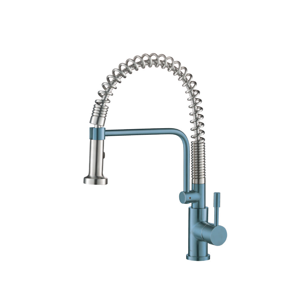 Flusso Faucets Klassiker Caso 19" Single Hole Blue Platinum Semi-Professional Stainless Steel Pull-Down Kitchen Faucet With Dual Function Sprayer