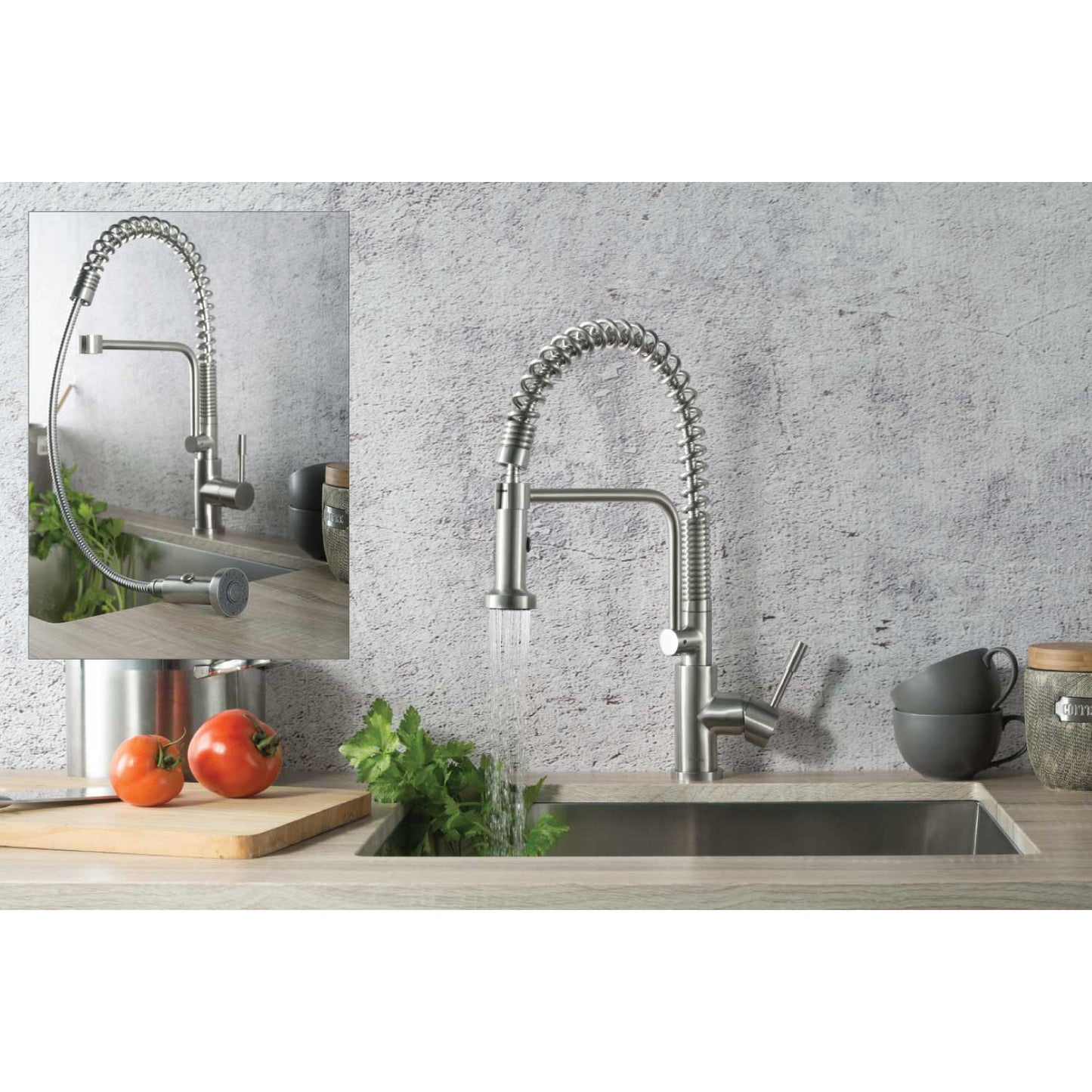 Flusso Faucets Klassiker Caso 19" Single Hole Dark Gray Semi-Professional Stainless Steel Pull-Down Kitchen Faucet With Dual Function Sprayer