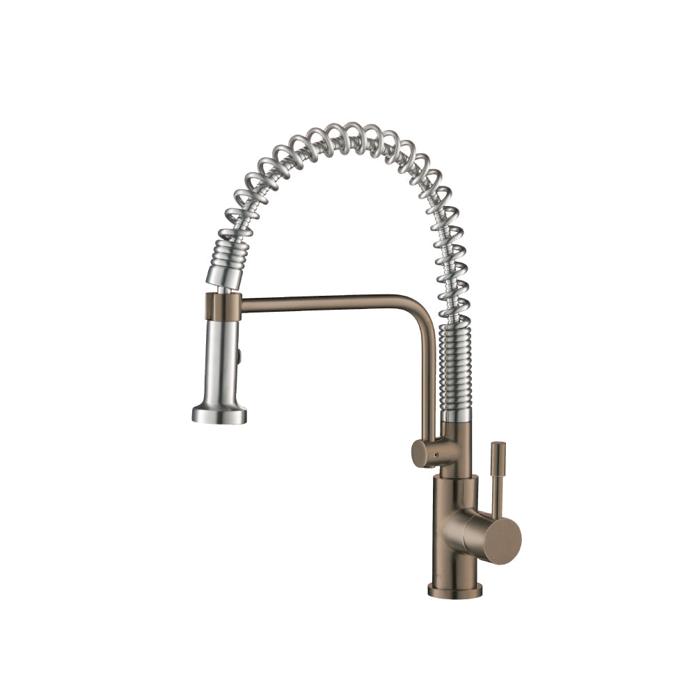 Flusso Faucets Klassiker Caso 19" Single Hole Dark Tan Semi-Professional Stainless Steel Pull-Down Kitchen Faucet With Dual Function Sprayer
