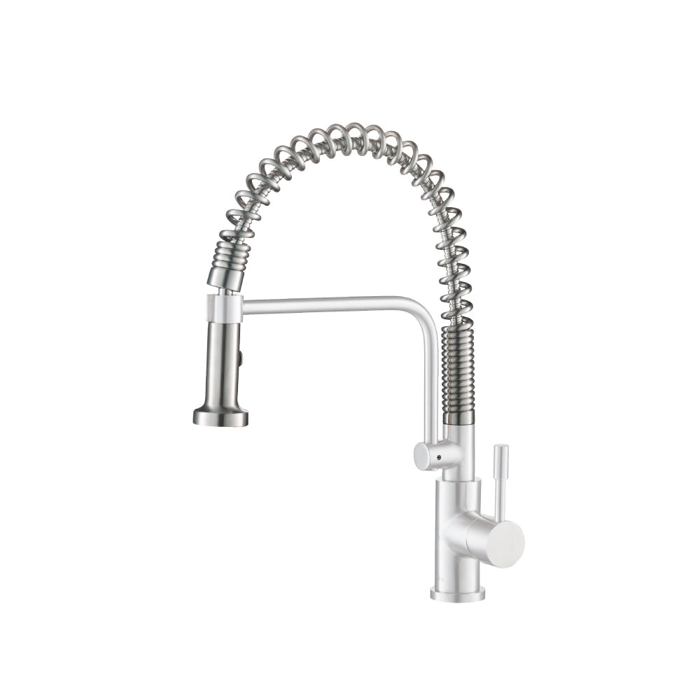 Flusso Faucets Klassiker Caso 19" Single Hole Gloss White Semi-Professional Stainless Steel Pull-Down Kitchen Faucet With Dual Function Sprayer