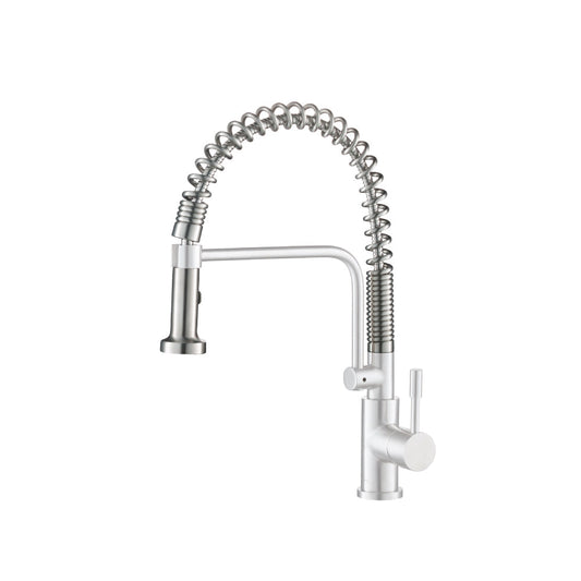 Flusso Faucets Klassiker Caso 19" Single Hole Gloss White Semi-Professional Stainless Steel Pull-Down Kitchen Faucet With Dual Function Sprayer