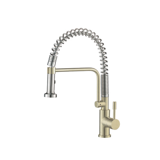 Flusso Faucets Klassiker Caso 19" Single Hole Light Tan Semi-Professional Stainless Steel Pull-Down Kitchen Faucet With Dual Function Sprayer