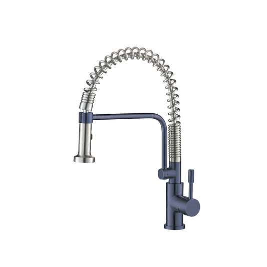 Flusso Faucets Klassiker Caso 19" Single Hole Navy Blue Semi-Professional Stainless Steel Pull-Down Kitchen Faucet With Dual Function Sprayer