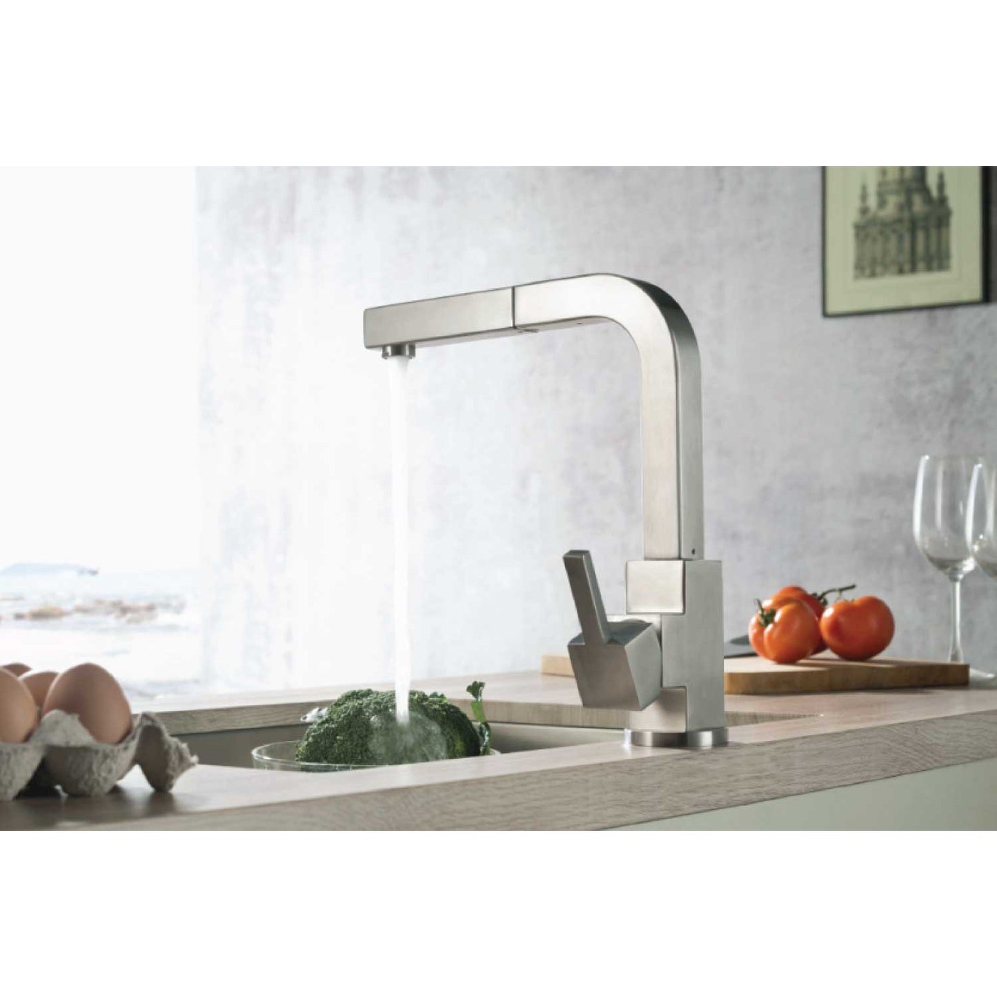 Flusso Faucets Klassiker Deus 12" Single Hole Gloss Black Stainless Steel Pull-Out Kitchen Faucet With Dual Function Sprayer