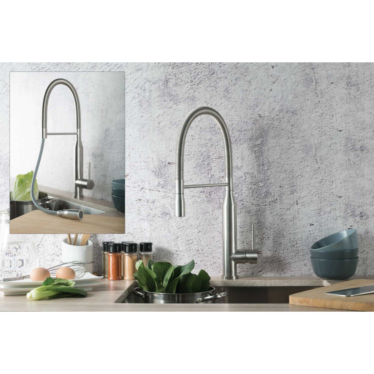 Flusso Faucets Klassiker Glatt 21" Single Hole Blue Platinum Semi-Professional Stainless Steel Pull-Down Kitchen Faucet With Dual Function Sprayer