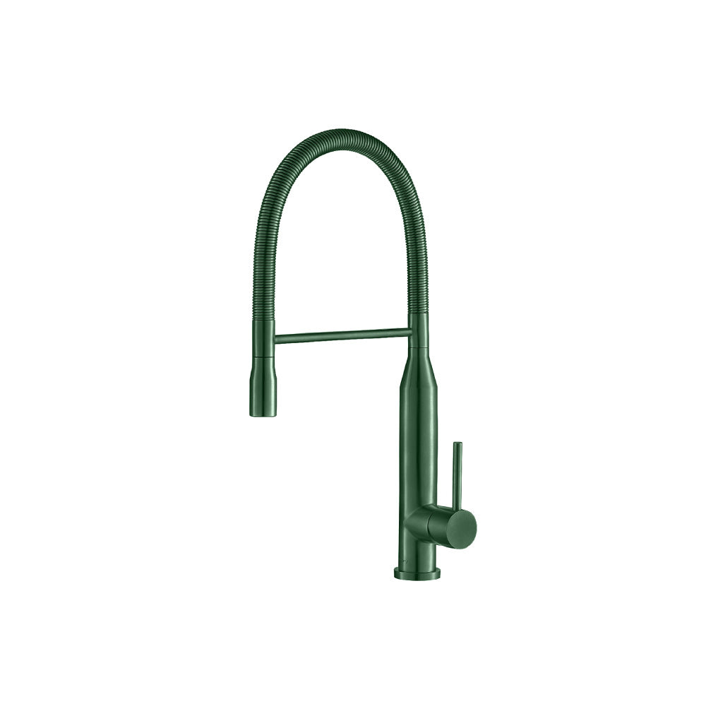 Flusso Faucets Klassiker Glatt 21" Single Hole Leaf Green Semi-Professional Stainless Steel Pull-Down Kitchen Faucet With Dual Function Sprayer