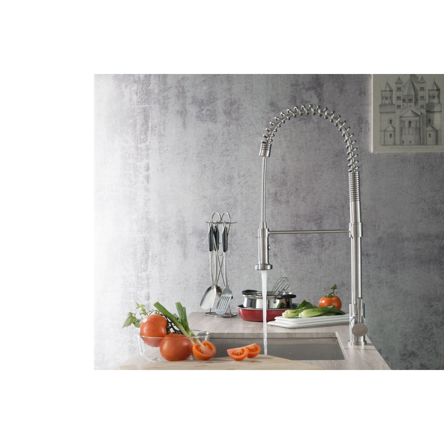 Flusso Faucets Klassiker Professio-S 27" Single Hole Polished Steel Stainless Steel Pull-Down Kitchen Faucet With Dual Function Sprayer
