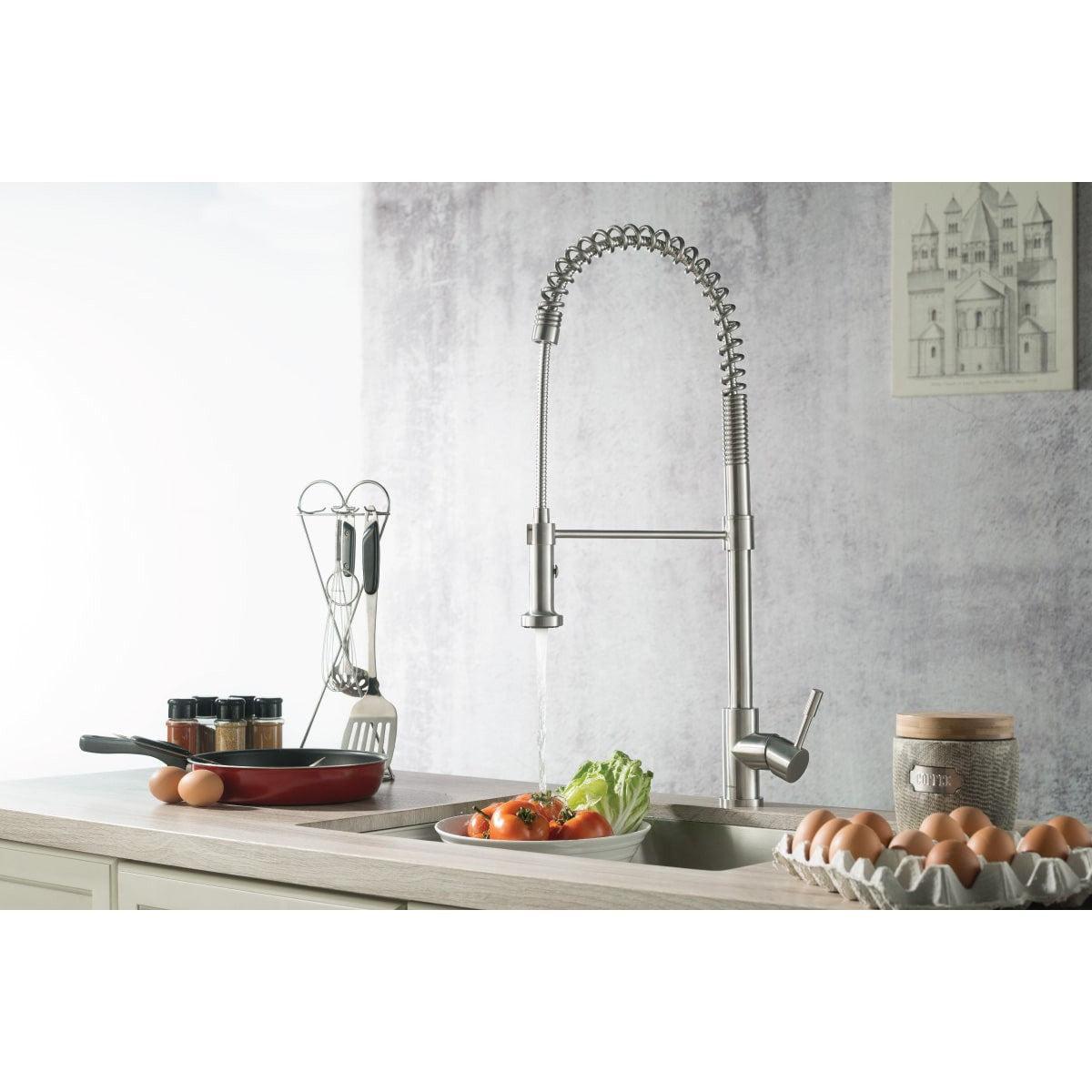 Flusso Faucets Klassiker Professio-S 27" Single Hole Polished Steel Stainless Steel Pull-Down Kitchen Faucet With Dual Function Sprayer